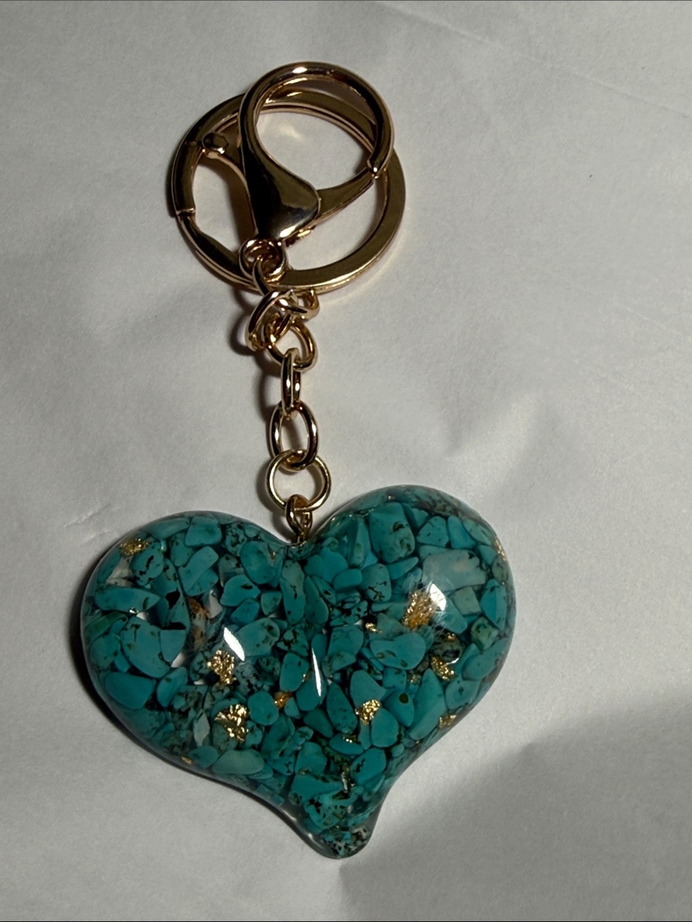 Turquoise tone Heart Keychain with Gold tone Flakes Acrylic